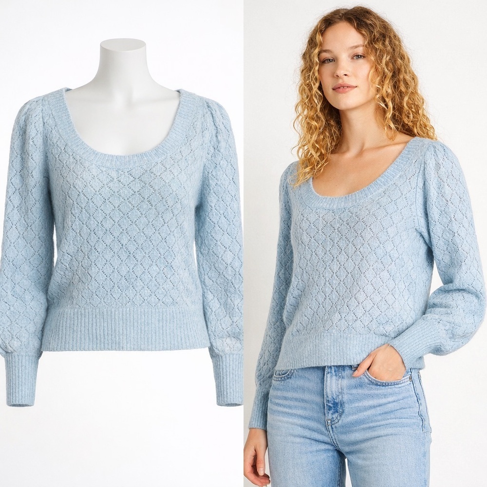 Old Navy | Light Blue Pointelle Knit Sweater | Wool Blend Puff Sleeve | Size S
